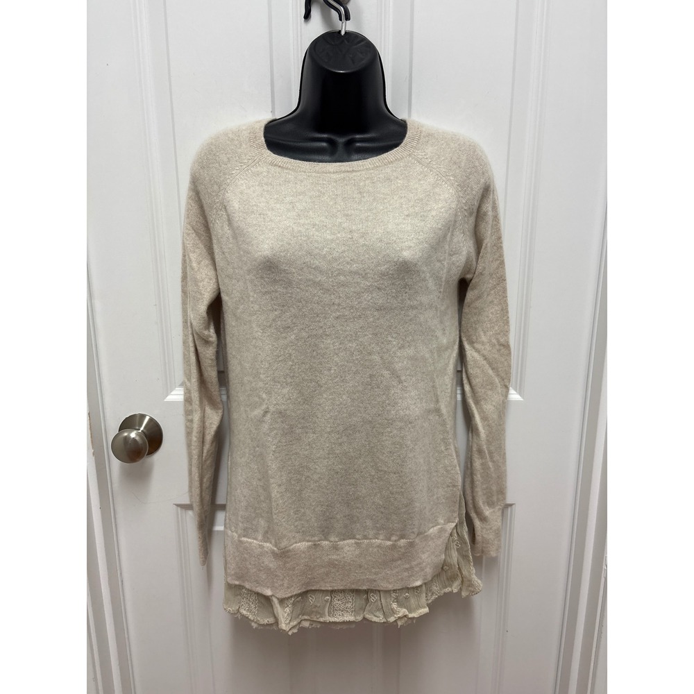 Garnet Hill Womens Cashmere Sweater Oatmeal Beige Lace Trim Hem Size M Pullover
